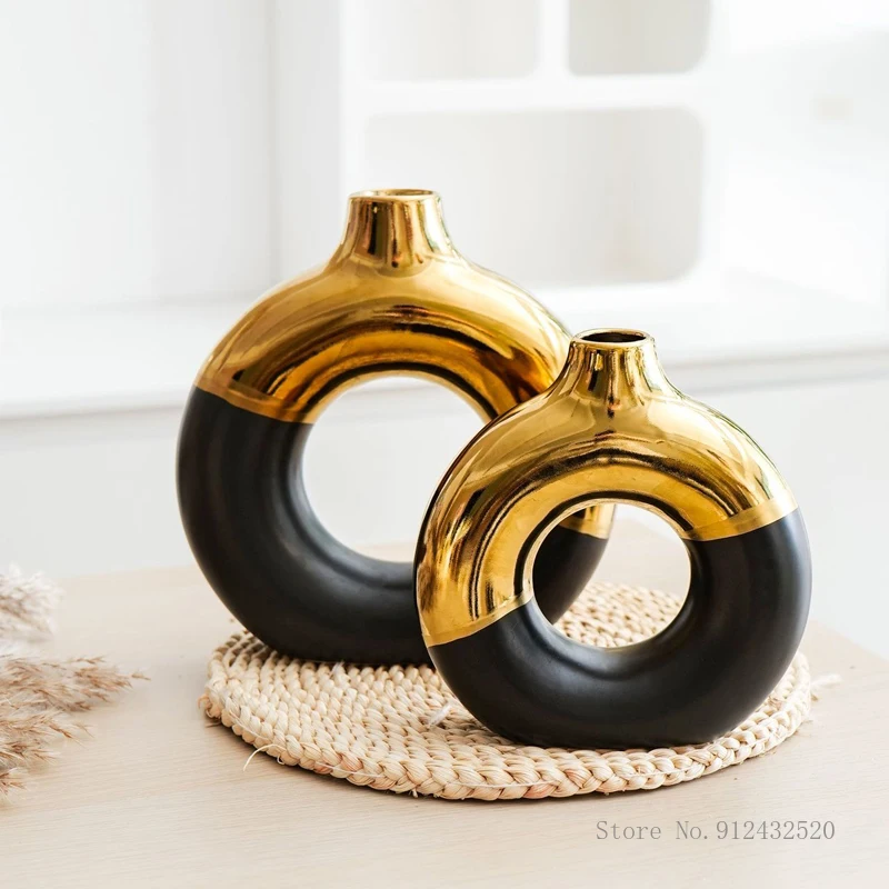 Nordic Style Circle Vase for Flower Arrangement Creative Container Black Gold White Home Living Room Bedroom, Office Decorations