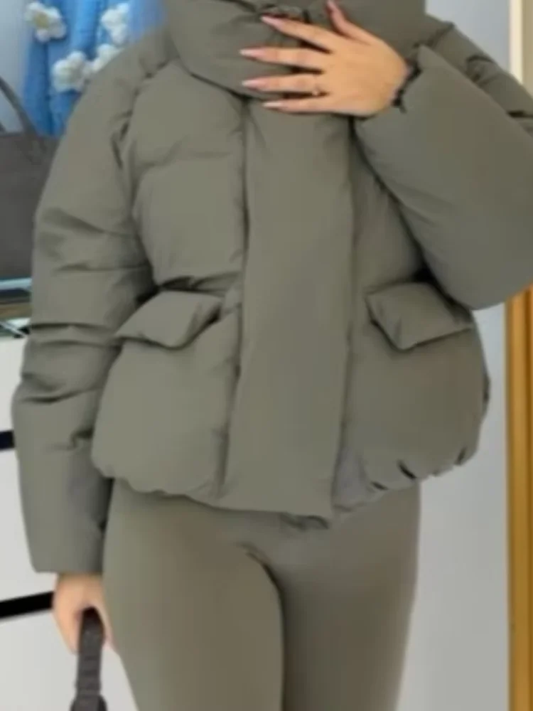 Sweet Pink Hooded Cotton Coat Women Solid Stand Collar Zipper Pocket Warm Short Jacket Lady 2025 Winter Commute Street Outerwear