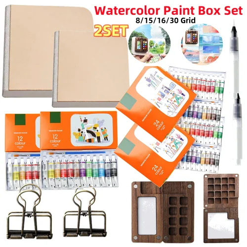 Juego de 2 paletas de acuarela de viaje portátiles de 8/15 colores, Mini caja de pintura de nogal, paleta de pintura de artista, cuaderno de bocetos, suministros para estudiantes de arte
