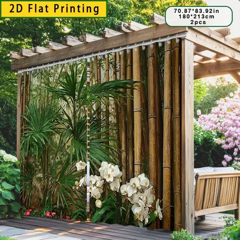 All Season Outdoor Curtain Green Palm Leaf White Orchid Pattern Waterproof Privacy Door Curtain Garden Patio Balcony Home Decor