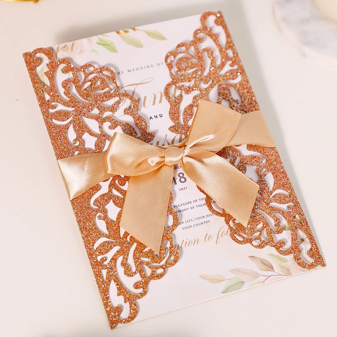 1 pcs Rose Pattern Carving Craft Decor Invitation Card  & Inner Page & Envelope & silk ribbon, Paper Card For Wedding, Party