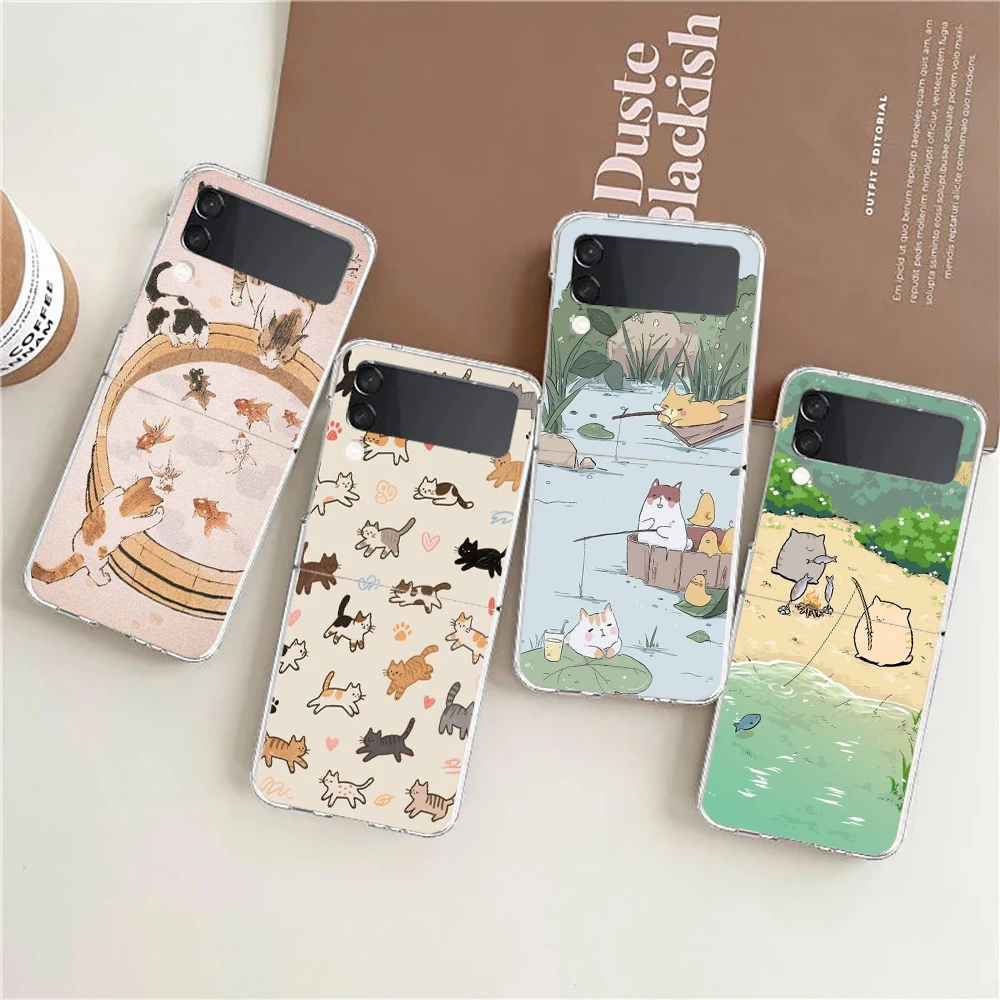 Transparent Phone Case For Samsung Galaxy Z Flip 3 4 5 6 7 Hard Folding PC Z Flip3 Flip4 Cover Protector Cat Fishing