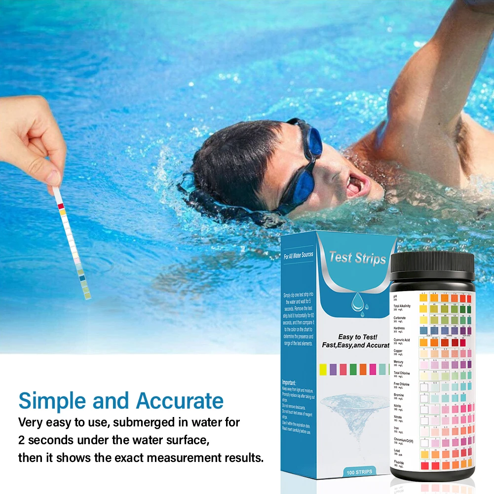 Yieryi 16 in 1 Water Test Strips 100pcs Accurate Hardness Testing pH Chlorine Meter for Pool Drinking Water Aquarium Spa Pond