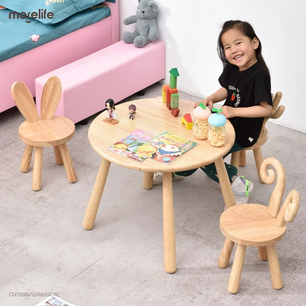 Children\'s Table Stool Wooden Stool Kindergarten Solid Wood Table and Chair Set Baby Writing Learning Game Toy Table Home Use