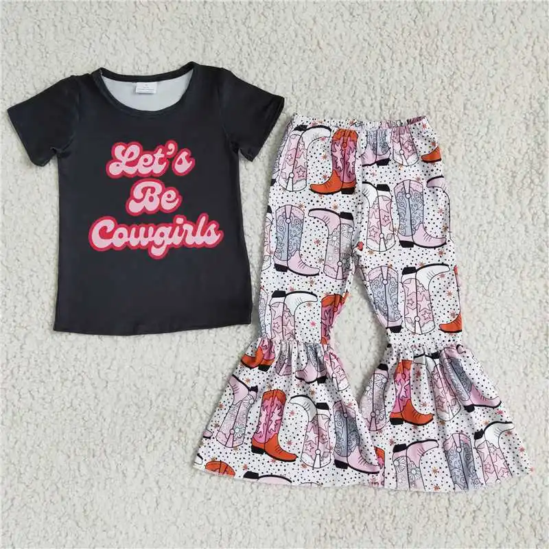 2022 Hot Selling RTS Baby Girls Black Let S Be Cowgirls Colorful Shoots Print Bell Bottoms Outfits Kids Cute Fashion For Wearing