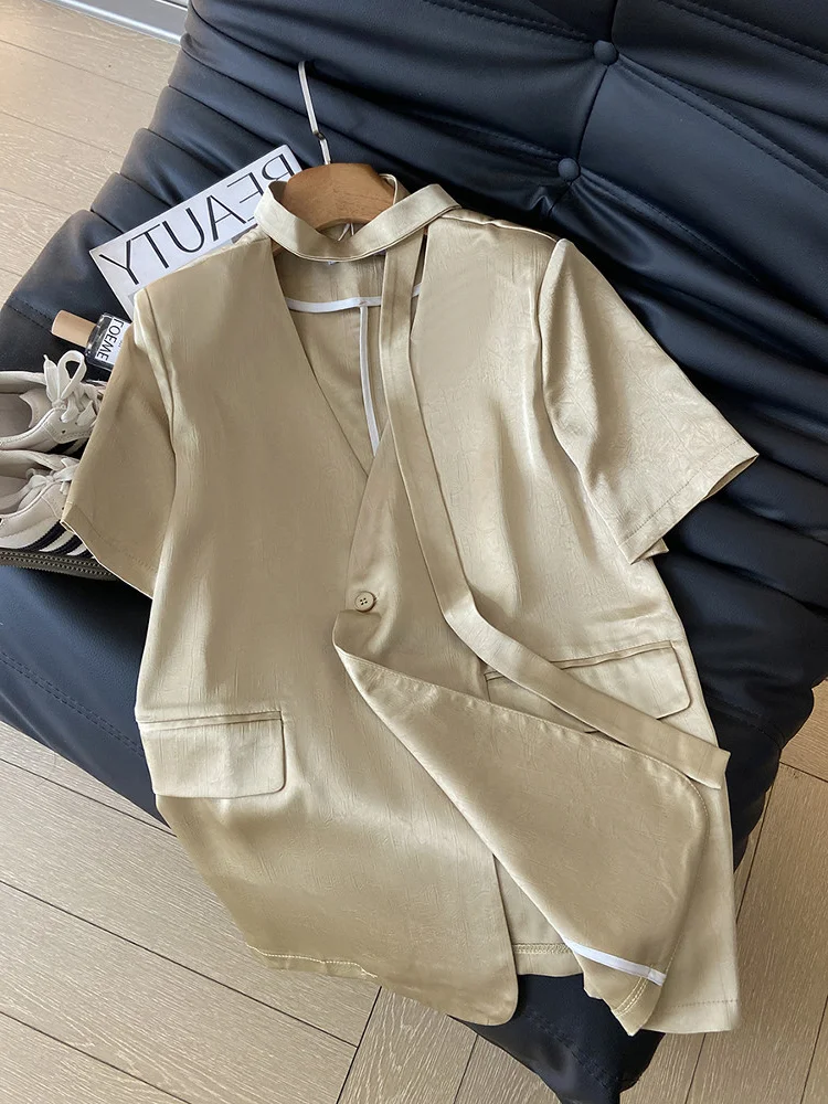 Elegant V-Neck Short Sleeve Suit Jacket Women's Loose Casual Draped Spring New Style Fashion Outerwear Polyester Fiber