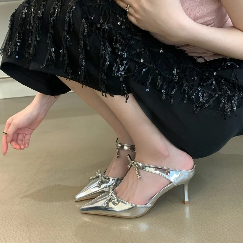 

Sexy Summer Crystal Butterfly-knot Pointed Toe Women Pumps Fashion Buckle Strap High Heels Party Prom Sandals Mule Shoes