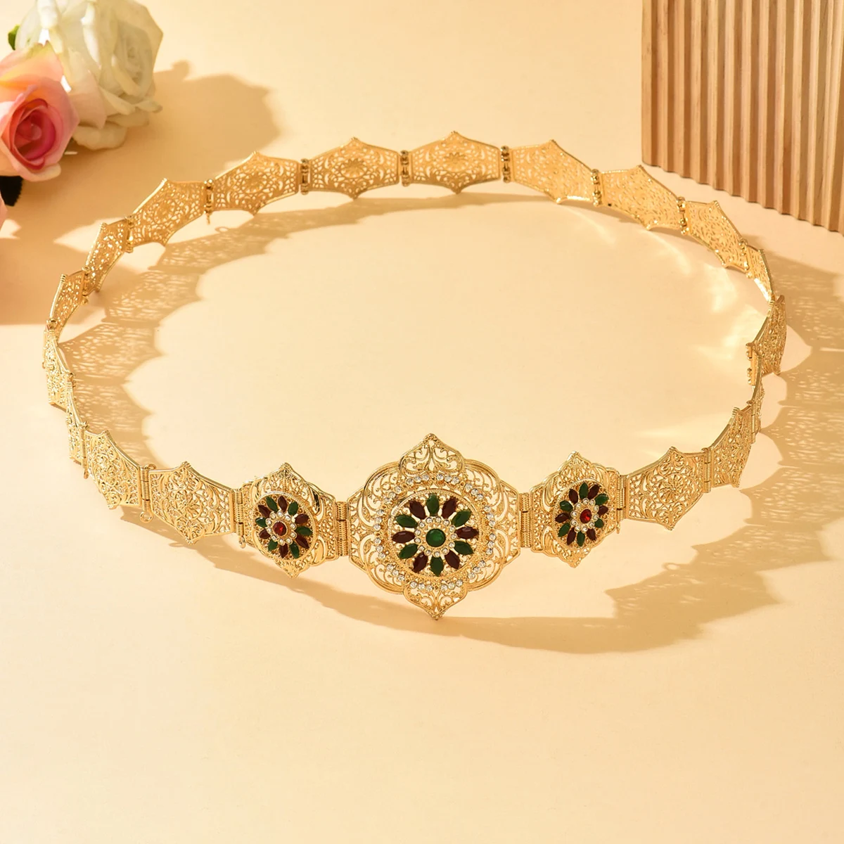 Gold Plated Belt Lady Metal Hollow Flower Waist Chain Length Adjustable Moroccan Wedding Dress Body Jewelry Luxury Kaftan
