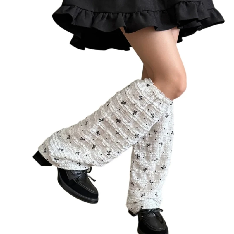 Womens Japanese Sweet Bowknot Print Loose Leg Cover Vintage Ruffle Lace Trim Flared Leg Warmer Sleeve Long Socks