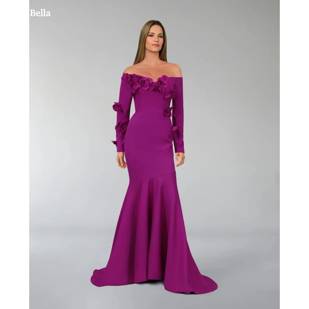 

Bella Customized Women Purple Off-Shoulder Prom Dress 3D Flower Embellished Long Sleeve Party Dresses Mermaid robes de soirée