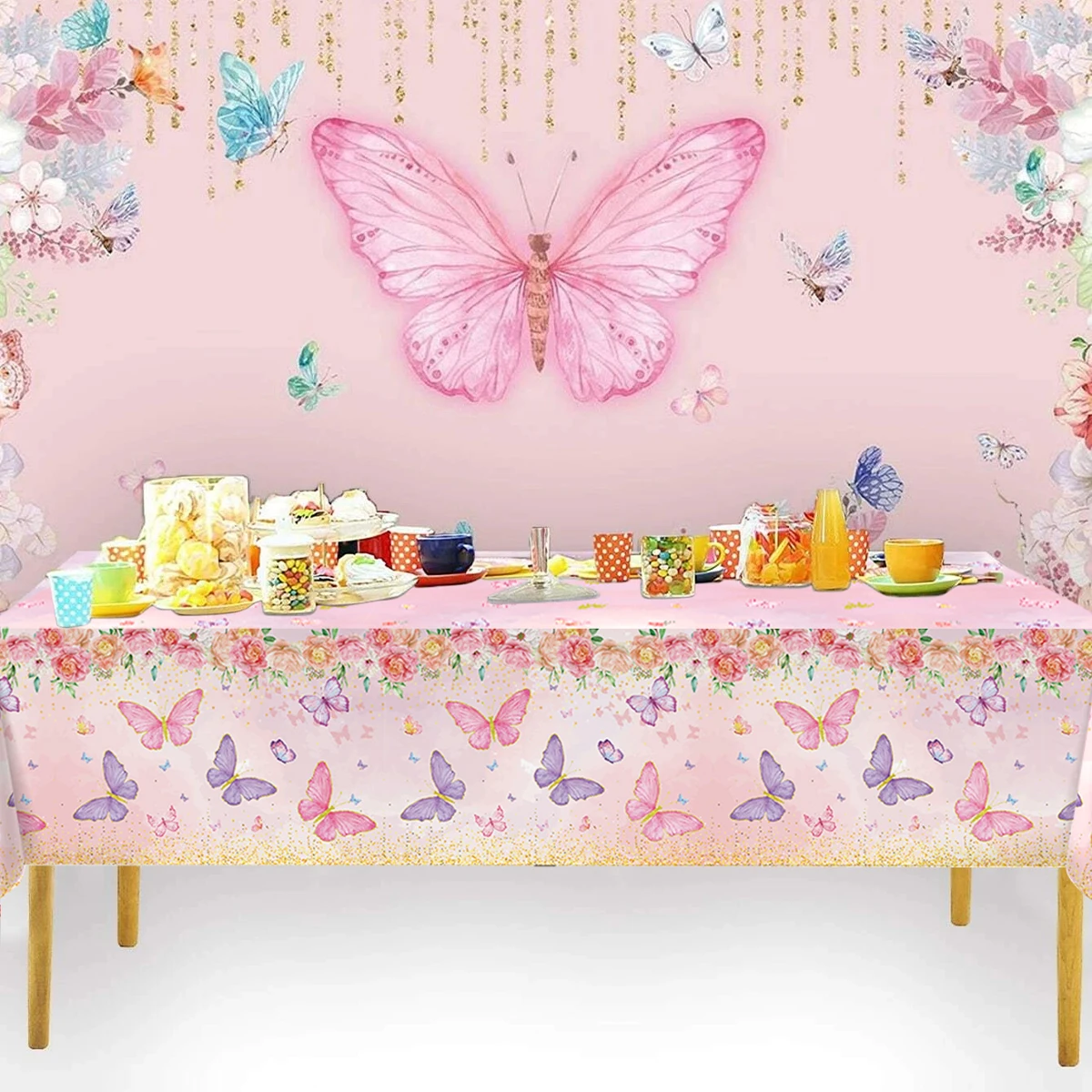 Butterfly Birthday Party Waterproof Tablecloth Spring Summer Outdoor Butterfly Party Table Decor Girl Birthday Party Supplies