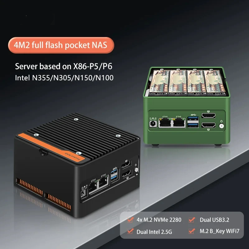 World Smallest NAS Mini PC Intel i3 N305 N150 N100 Firewall Mini PC 4xM.2 NVMe 2xSATA3.0 Slot DDR5 2x2.5G LAN 2xUSB3.2 2xHDMI2.0