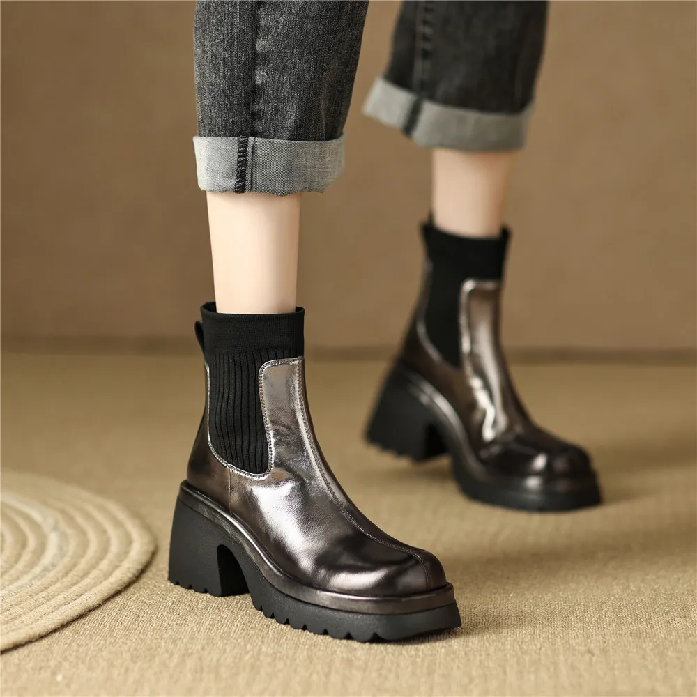 MILI-MIYA New Arrival Super High Thick Heels Metallic Women Cow Leather Ankle Boots Slip On Solid Color Round Toe WaterProof