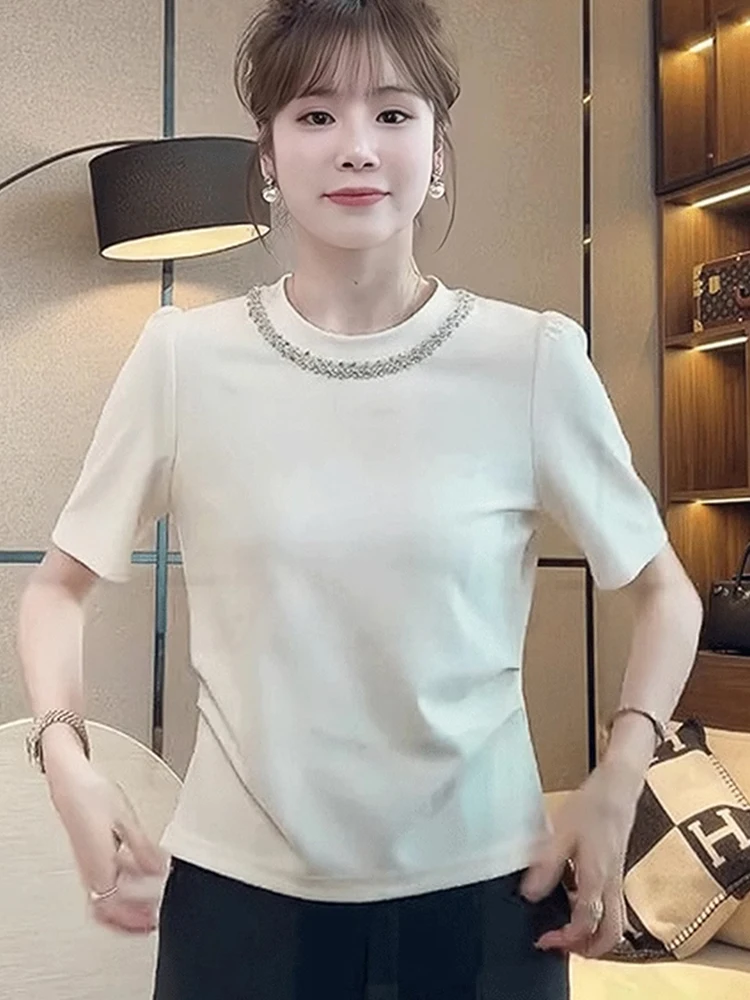 

Loose Diamond Embellished round Neck T-Shirt Short Sleeve Slimming Fashionable Korean Style Commute Wind Summer New Arrival