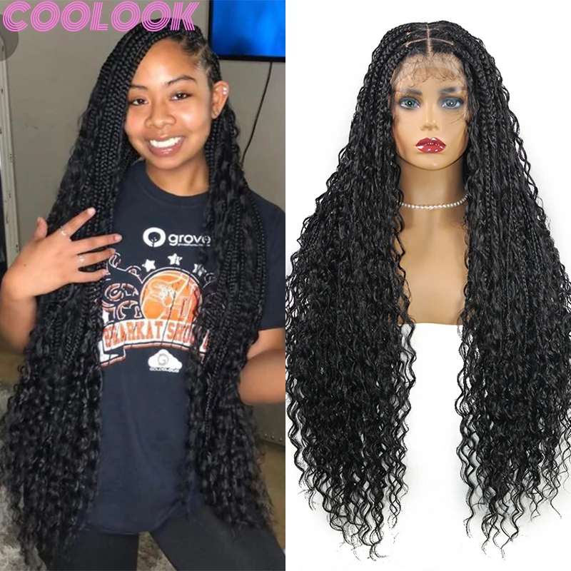 Black Synthetic Box Braided Full Lace Wigs 32inch Goddess Square Part Braid Lace Frontal Wig Bohemian Braids Wig with Curly Ends