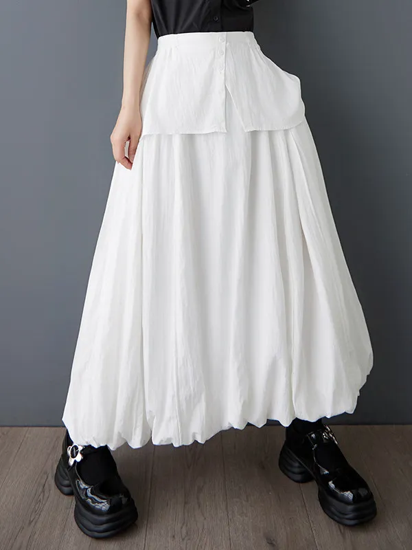 Women's Khaki Vintage Layered Maxi Skirt High Waist Button Detail Elastic Waist Flowy Pleated Long A-line Skirt For Spring Summe