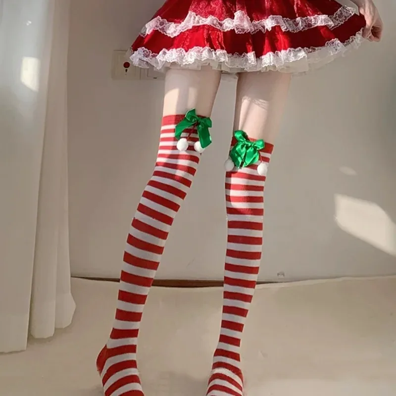 Natal meias quentes noite festa bola dos desenhos animados listrado meia cor sólida joelho sobre cosplay meia de férias