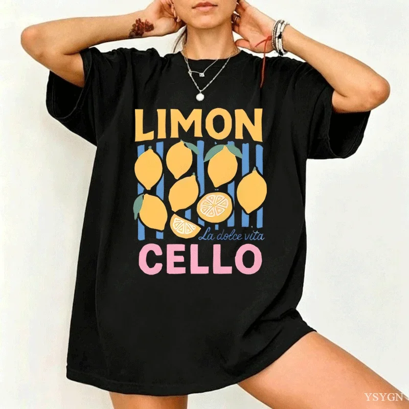 2026 Lemon T-shirt Italian Summer Fruit Printed T-shirt Women's Short Sleeve T-shirt Retro Pattern Women's Casual T-shirt