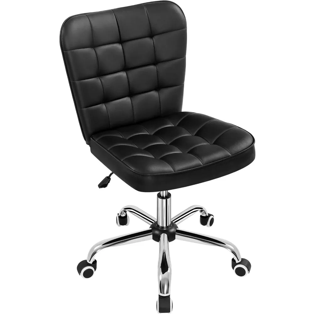 Armless Desk Chair Modern Tufted Office Chair Faux Leather Upholstered Computer Chair with Adjustable Seat Height and Rolling W