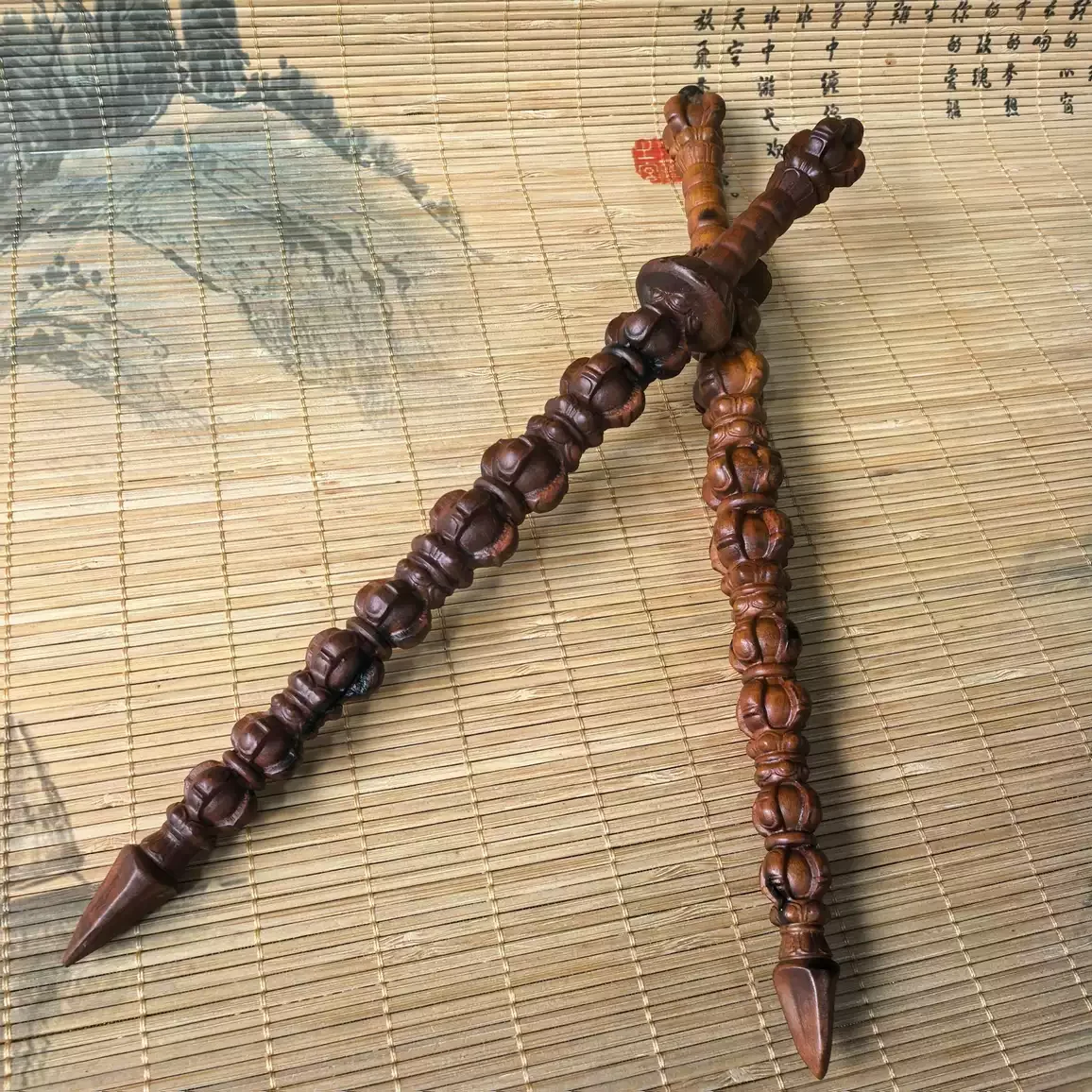 fengshui Hand 30cm Thunder-Struck Jujube Wood Hand Carved 9-Segment Wooden Stick,Taoism Ethnic Sculpture Desktop Decor Craft