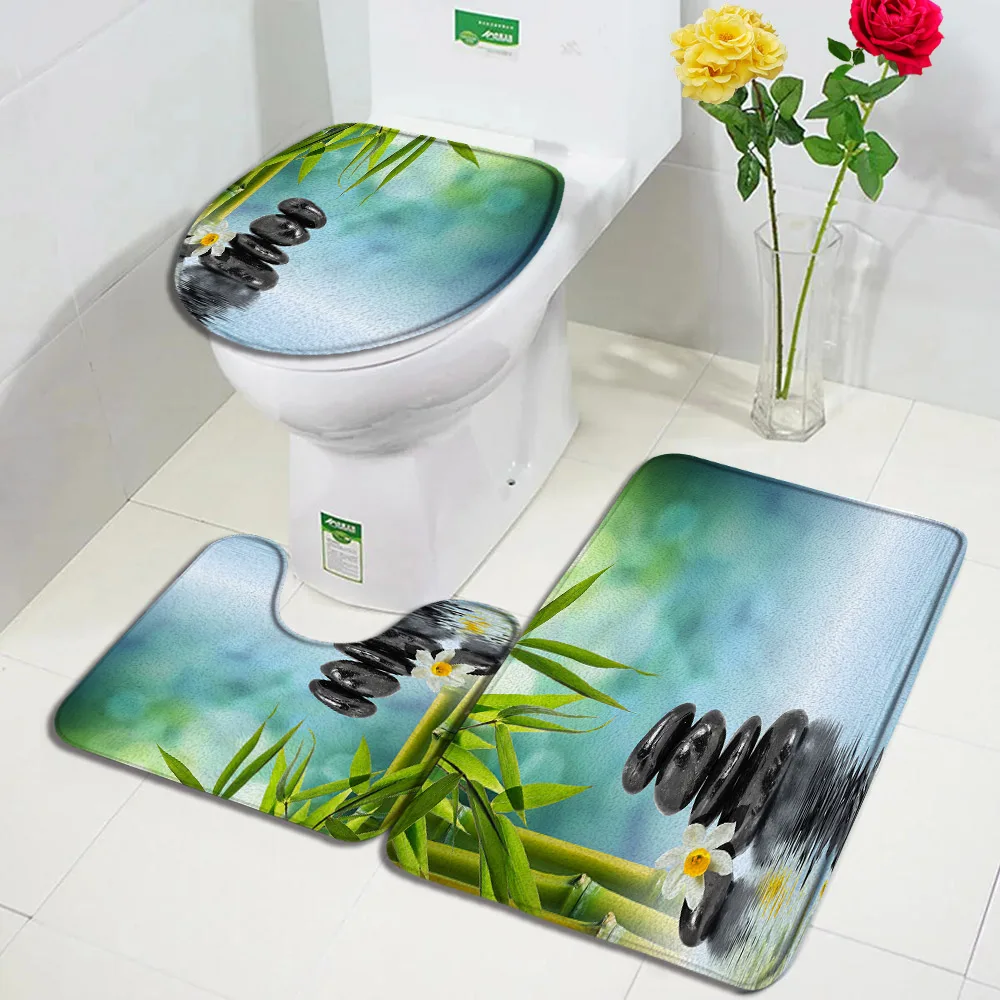 Zen Bath Mat Set Green Bamboo Orchid Lotus Flowers Plant Black Stone Spa Scenery Bathroom Decor Non-Slip Rugs Toilet Lid Cover