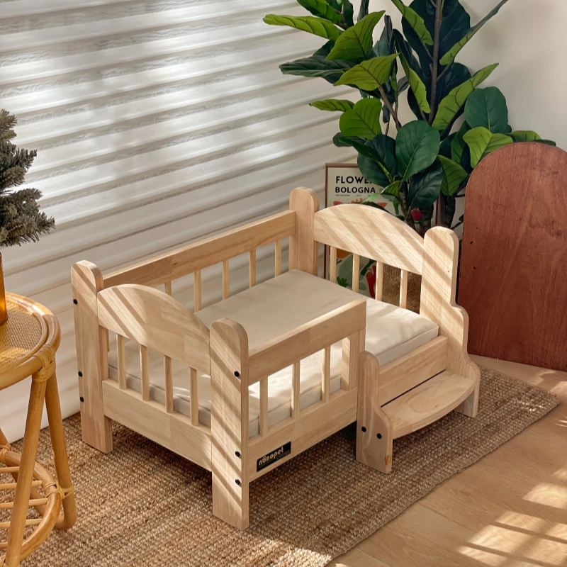 

Деревянная кровать для домашних животных в деревенском стиле со съемной холщовой подушечкой — усиленный домик для собак/кошек, всесезонная антиволога напольная кровать для маленьких и средних домашних животных