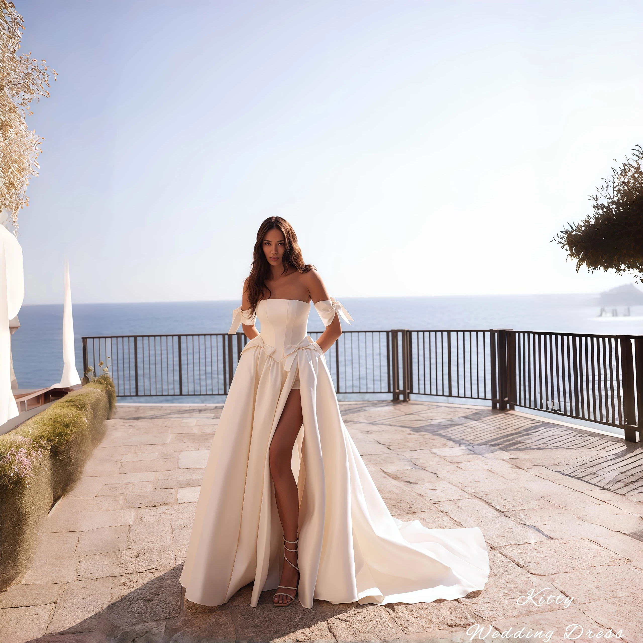 

Kitty Customized Modern Wedding Dress Strapless Square Neck Off-the-Shoulder Bow Accent Waist High Slit Satin A-Line Bridal Gown