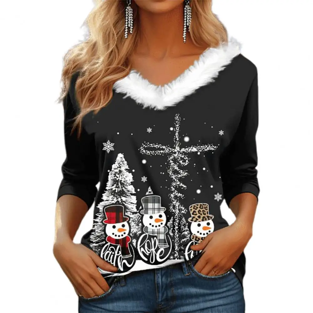 Women Autumn Tops Christmas Tree Print V-neck Long Sleeve Tops Festive Women's Pullover Tees for Autumn/winter Wear Women Warm