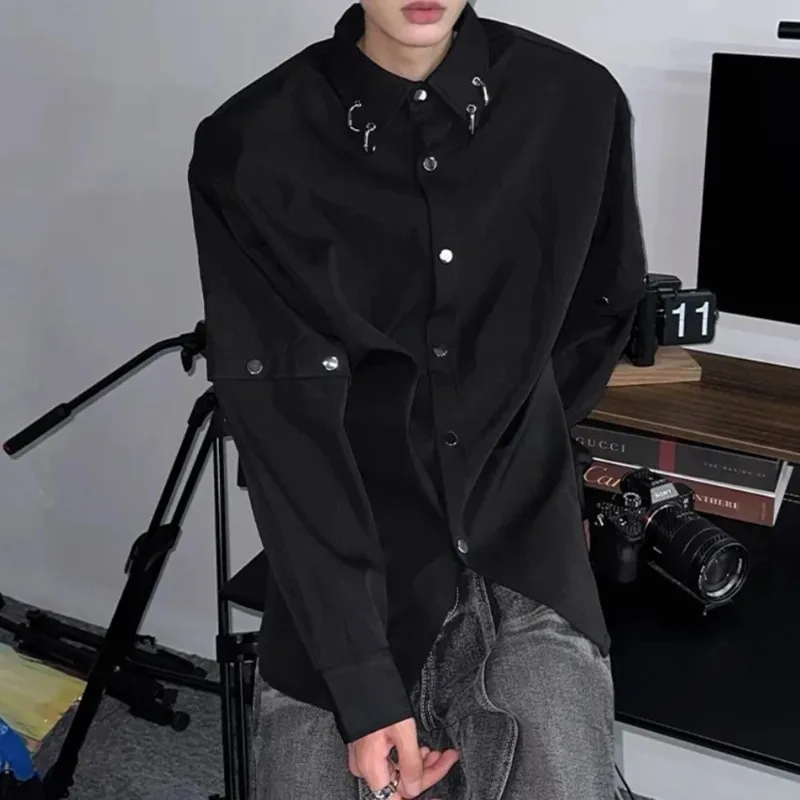 Mens Shirt Y2k Sleeves Stitching Metal Design Jacket Streetwear Niche Personality Casual Long-Sleeve Tops Men'S Clothing