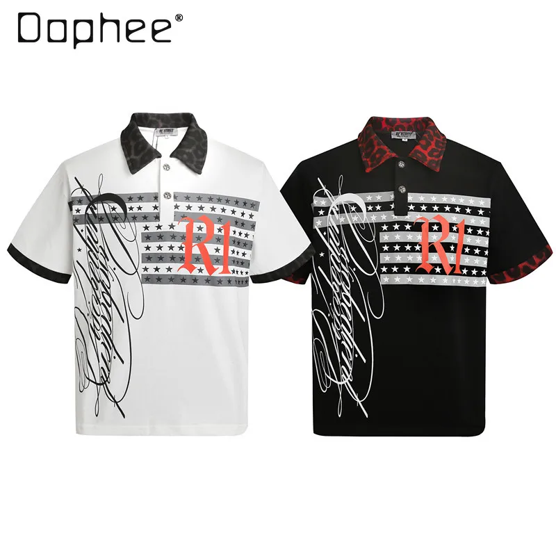 Summer American Vintage Leopard Collar Color Block Polo Shirt Men Star Stripe Cursive Letter Print Loose Short Sleeve White Top