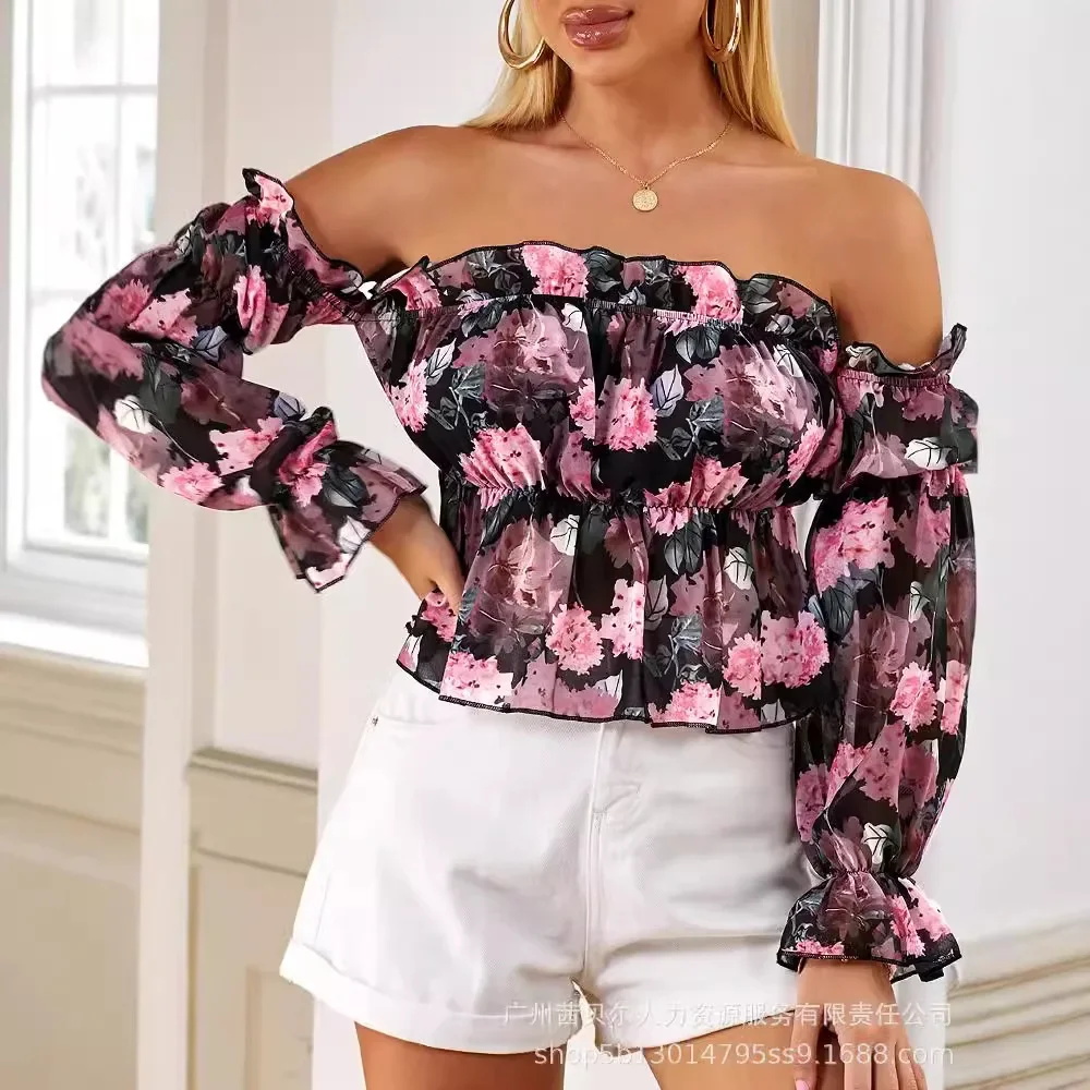 Women's Strapless Long-sleeved Flower Print Off Shoulder Ruffle Shirt Blouse Top