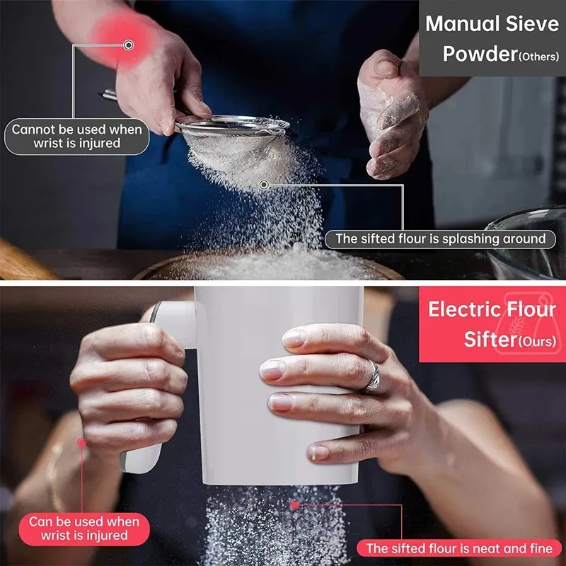 Electric Flour Sieve Screen Cup Shaped 1Liter Kitchen Pastry Cake Tool Icing Sugar Powder Stainless Steel Handheld Flour Sifter