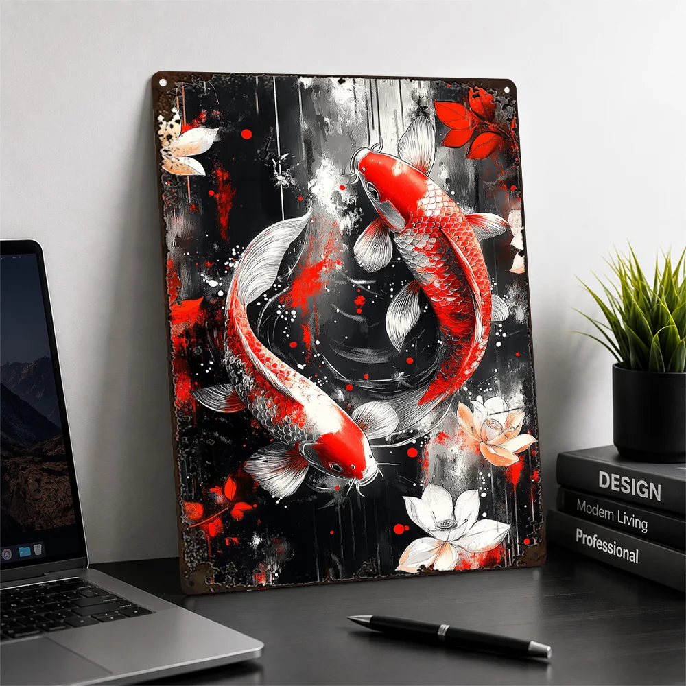 Three Koi With White Flowers Textured Metal Poster Watercolor Wall Art For Living Room Personalized Aluminum Sign Pet Lover Gift