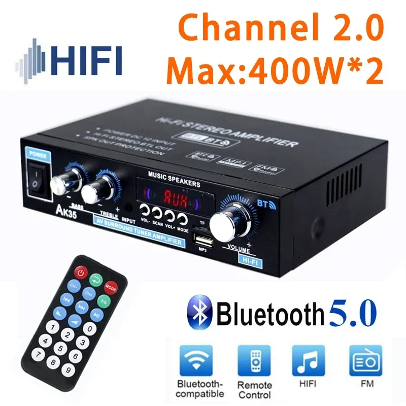 HiFi Digital Amplifier AK35 Bluetooth Amplifiers MP3 Channel 2.0 Sound Amplifier AMP Support 110V-240V for Home Car MAX 400W*2