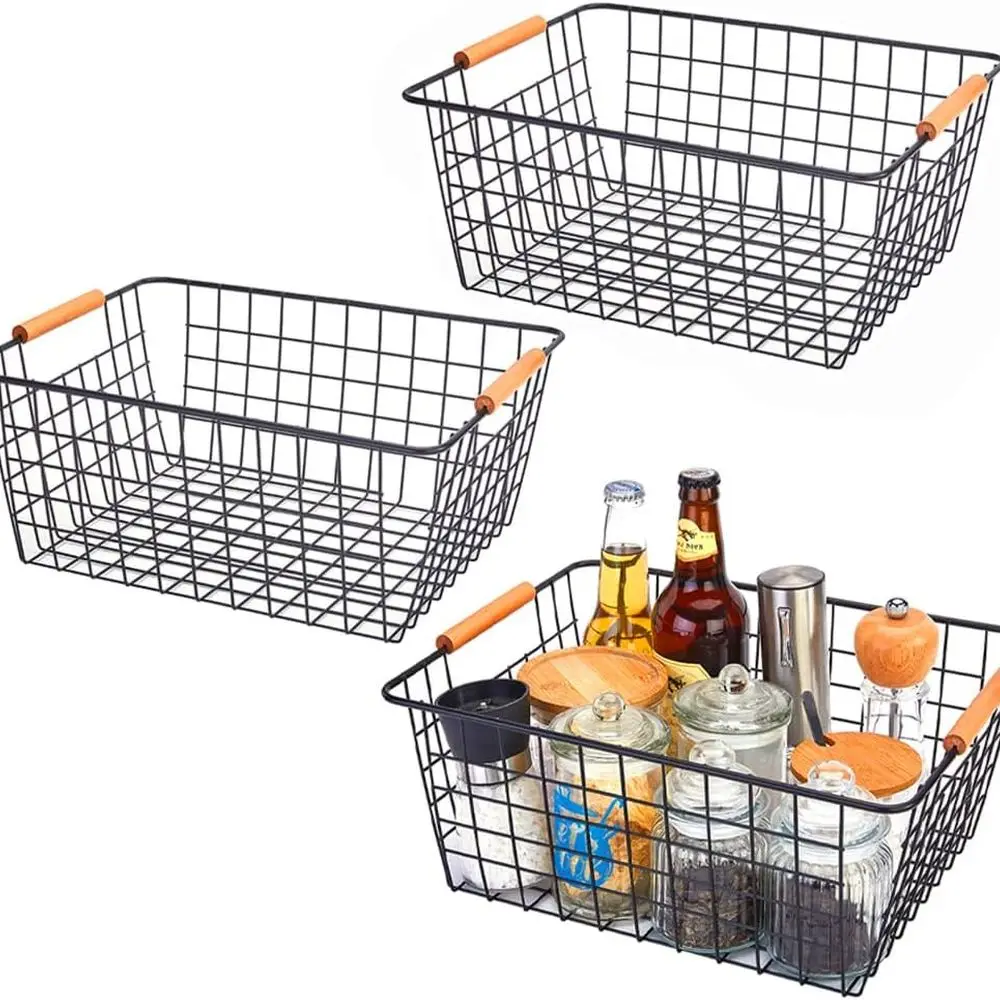 

Wooden-Handled Black Wire Baskets Set of 3 for Pantry, Refrigerator, Cabinets, Closets, and Bedroom Storage