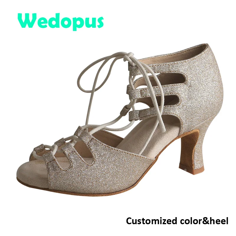 

Wedopus High Quality Customized Hills Dance Shoes Gold Glitter Open Toe Shoes for Dancing Chunky Heel Lace-up