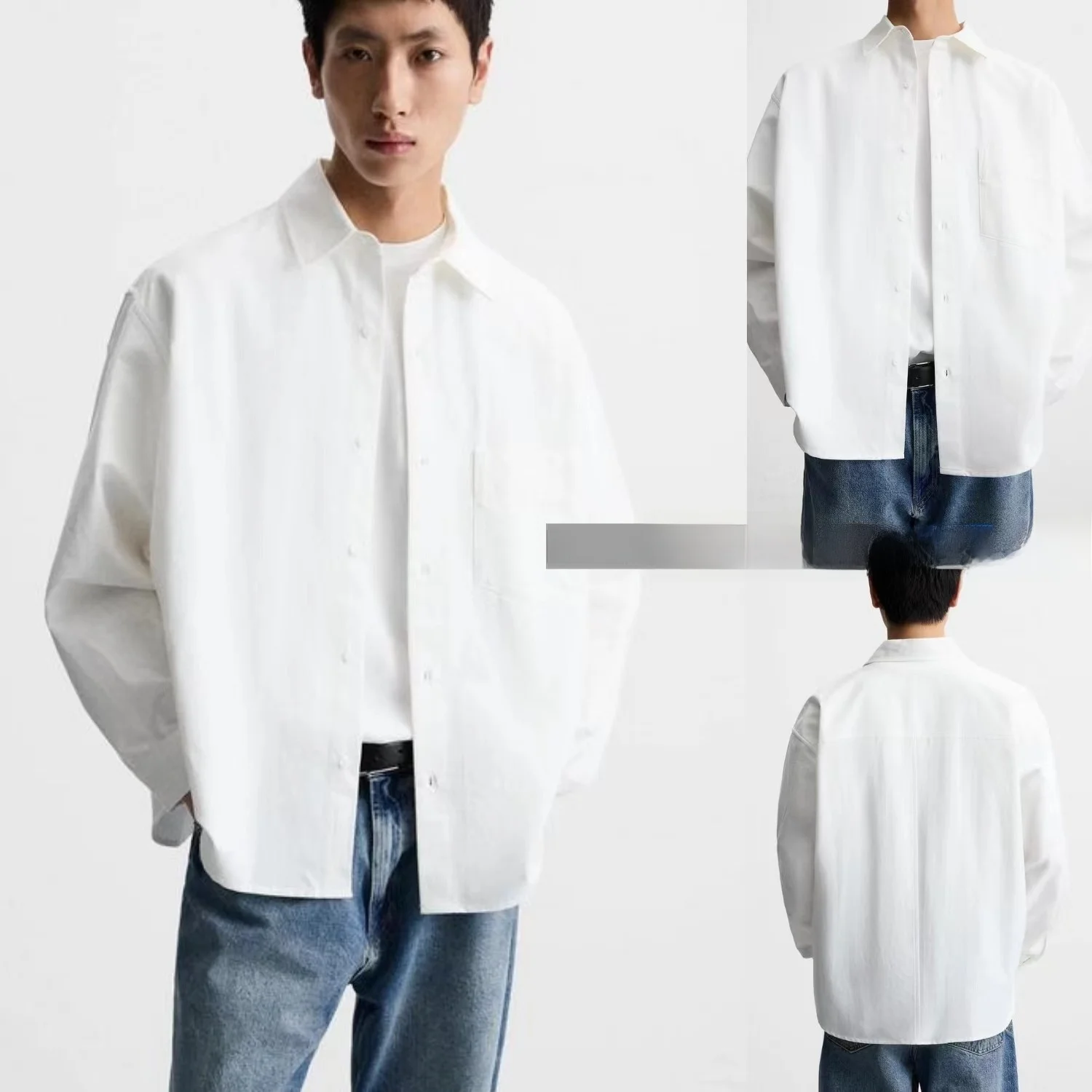 

Spring 2025 Men's Ox Cotton irt Loose Long Sve Turn-down Collar White Casual Faion Youthful All-season Wear