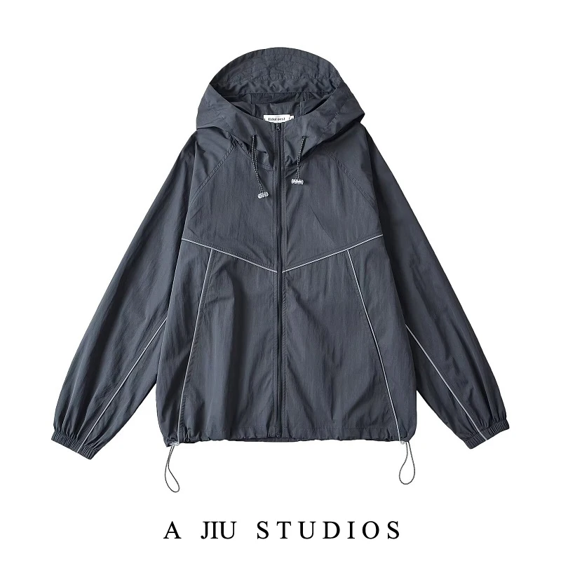 Amerikaanse retro losse werkkleding met capuchon Jaet Dames Outdoor Splicing Faionable ket Boyfriend Sle Zonnebrandcrème Top