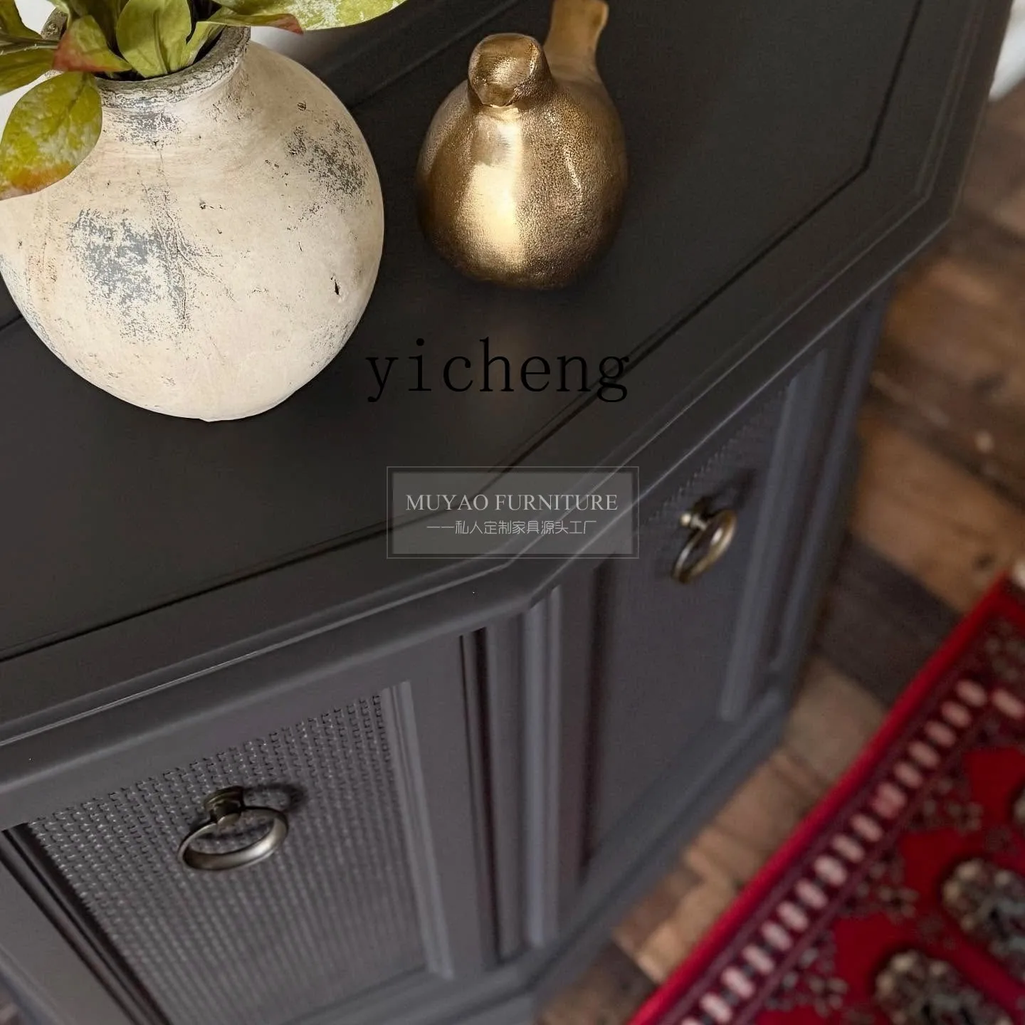 

LX Solid Wood Entrance Cabinet Multifunctional Storage Cabinet Natural Rattan Tea Cabinet