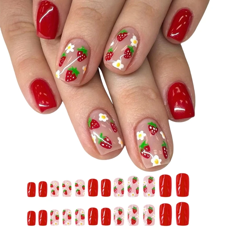 E1YE 24x Uñas postizas con diseño flores, cobertura completa corta, uñas postizas fresa