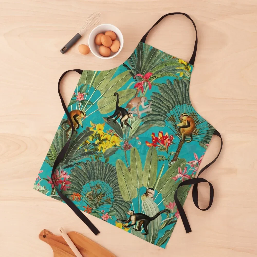 

Tropical Exotic Vintage Midnight Jungle Monkeys Night Garden- Turquoise Apron Women's Kitchen Apron