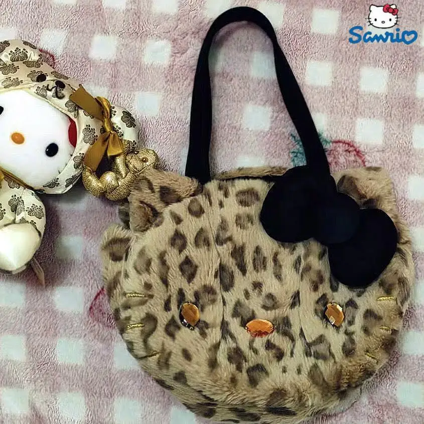 Miniso Sanrio Hellokitty Plush Fabric Leopard-Print Shoulder Bag Handbag For Women Large Capacity Tote Purse Side Bags For Girls