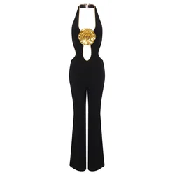 Cut out Backless Black Key Luxury Gold Flower Bodycon Jumpsuit 2024 Women's Celebrity Designer High Street Rompers