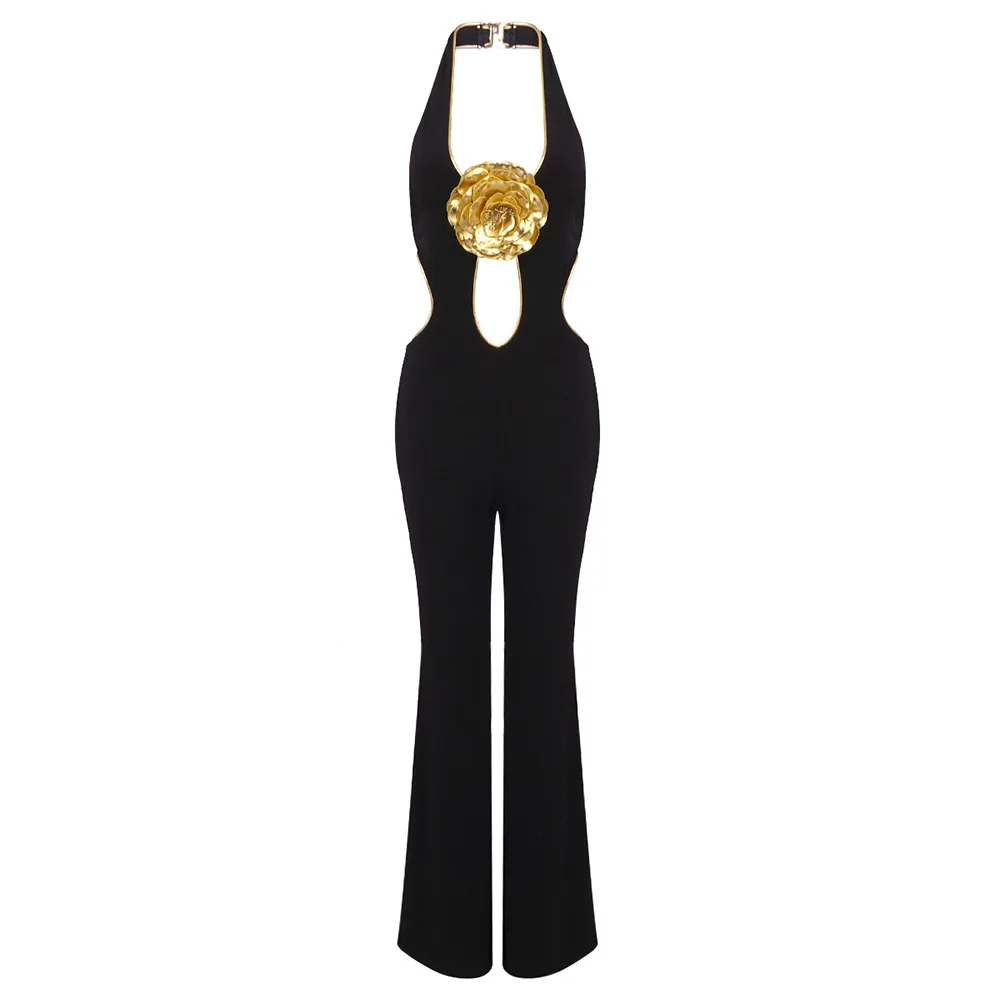 Cut out Backless Black Key Luxury Gold Flower Bodycon Jumpsuit 2024 Women's Celebrity Designer High Street Rompers