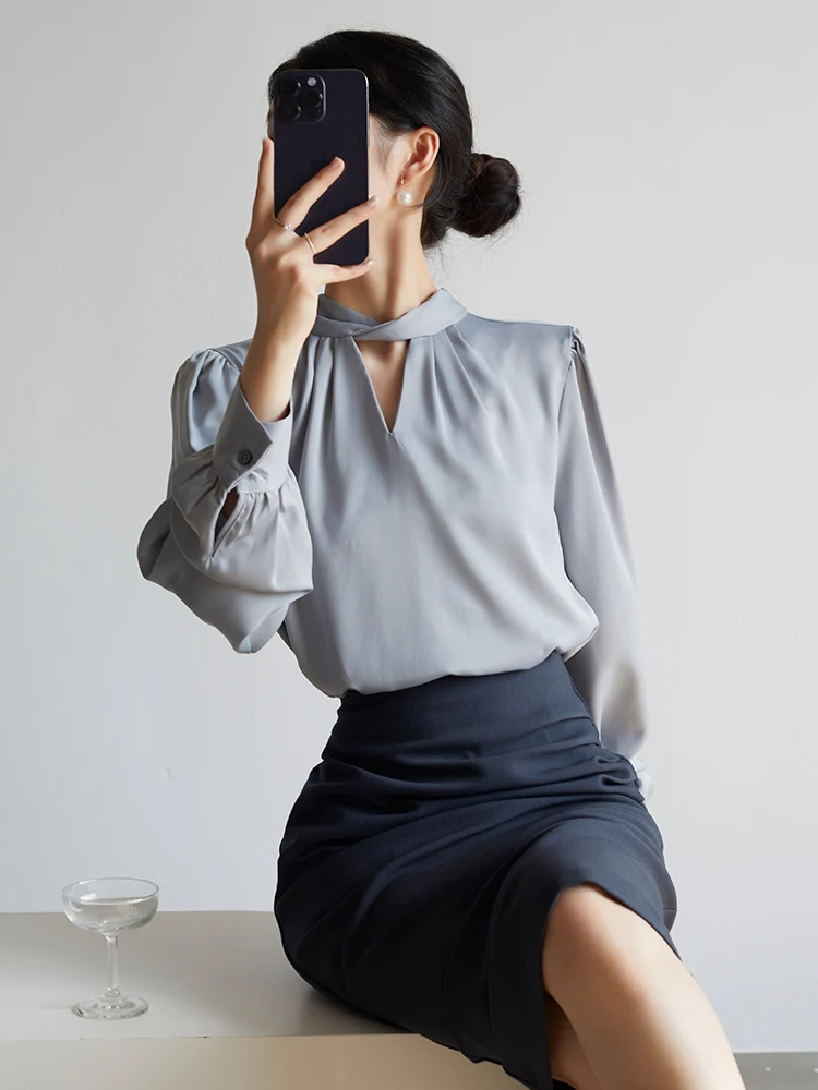 

CTTAl Шелковая атласная женская Mis Blue Sa Profional Офисная рабочая одежда Maturi Wind Blouse Pure Color Commute Sle