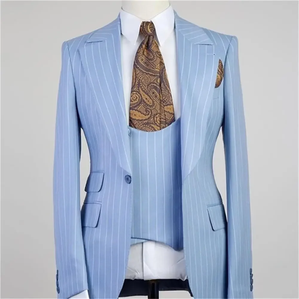 Luxury Sky Blue Pinstripe Suits for Men One Button Peak Lapel Blazer High Quality Wedding 3 Piece Jacket Pants Vest Costume Sets