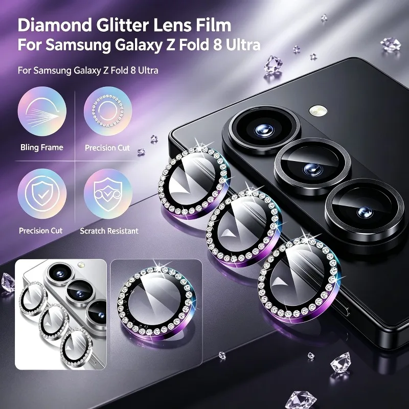 3D Rhinestone Sparkling 9H Lens Tempered Glass For Samsung Z Fold 8 Ultra 7 6 5 Rear Bling Diamond Camera Screen Protector Cover