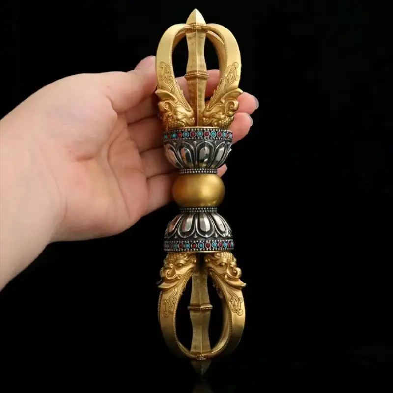 Nepal Brass Five-Pronged Vajra Dorje Statue with Base Tibetan Buddhism Ritual Altar Religious Collectible Ornament