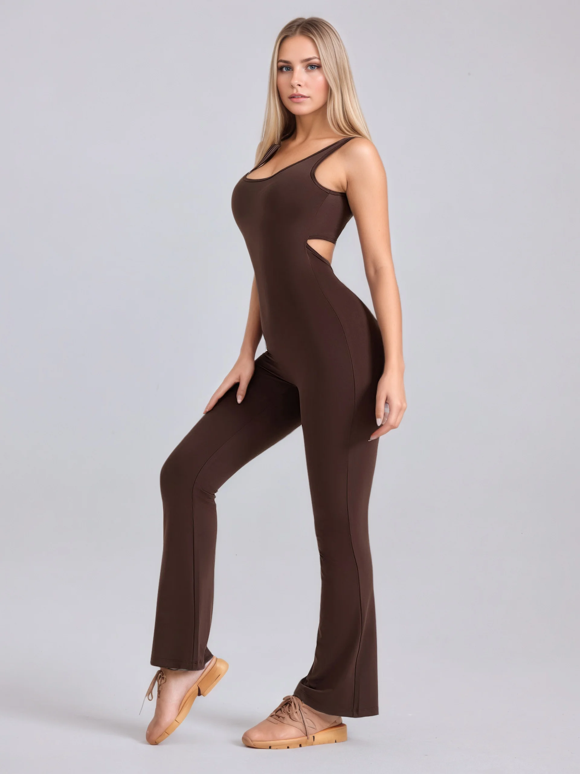 

Fitfemme Women's Sleeveless Cut - Out Athletic Jumpsuit with Built - in Bra - Flared Leg for Workout & Casual Wear