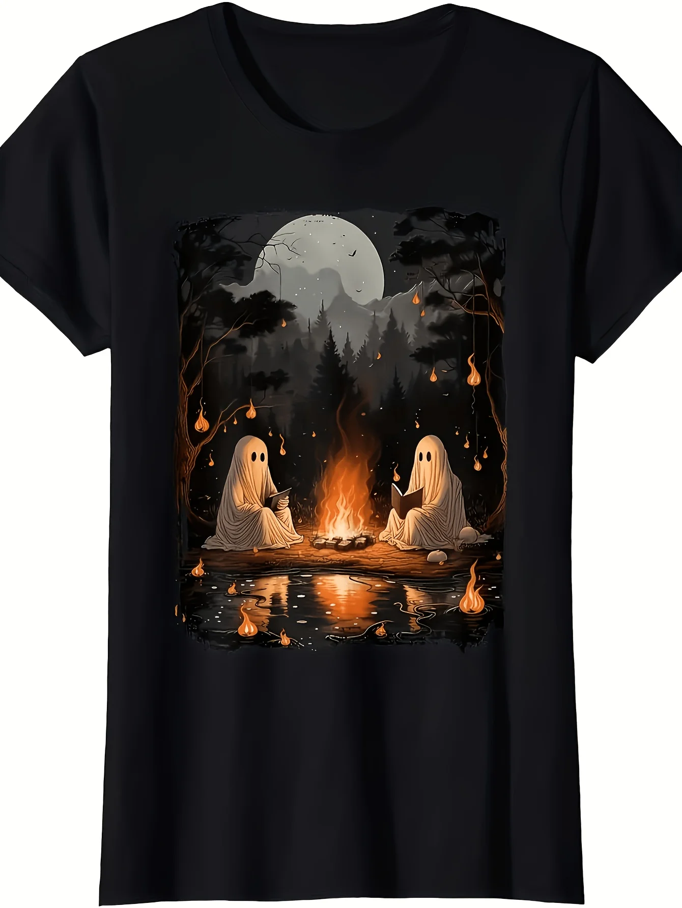 Men'S Plus Size Halloween Tee Long Ghost Bonfire Retro Gothic Horror Theme Costume Party Casual Top Soft Stretch Crew Neck Shirt (Hand Wash Solely) Adult Everyday Wear Ghost Bonfire Design Happy